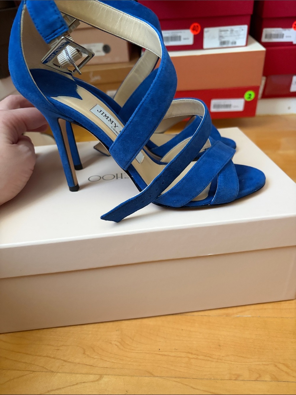 JIMMY CHOO BLUE SUEDE SIZE 36.5 STRAPPY SANDALS MADE IN ITALY - Picture 6 of 10